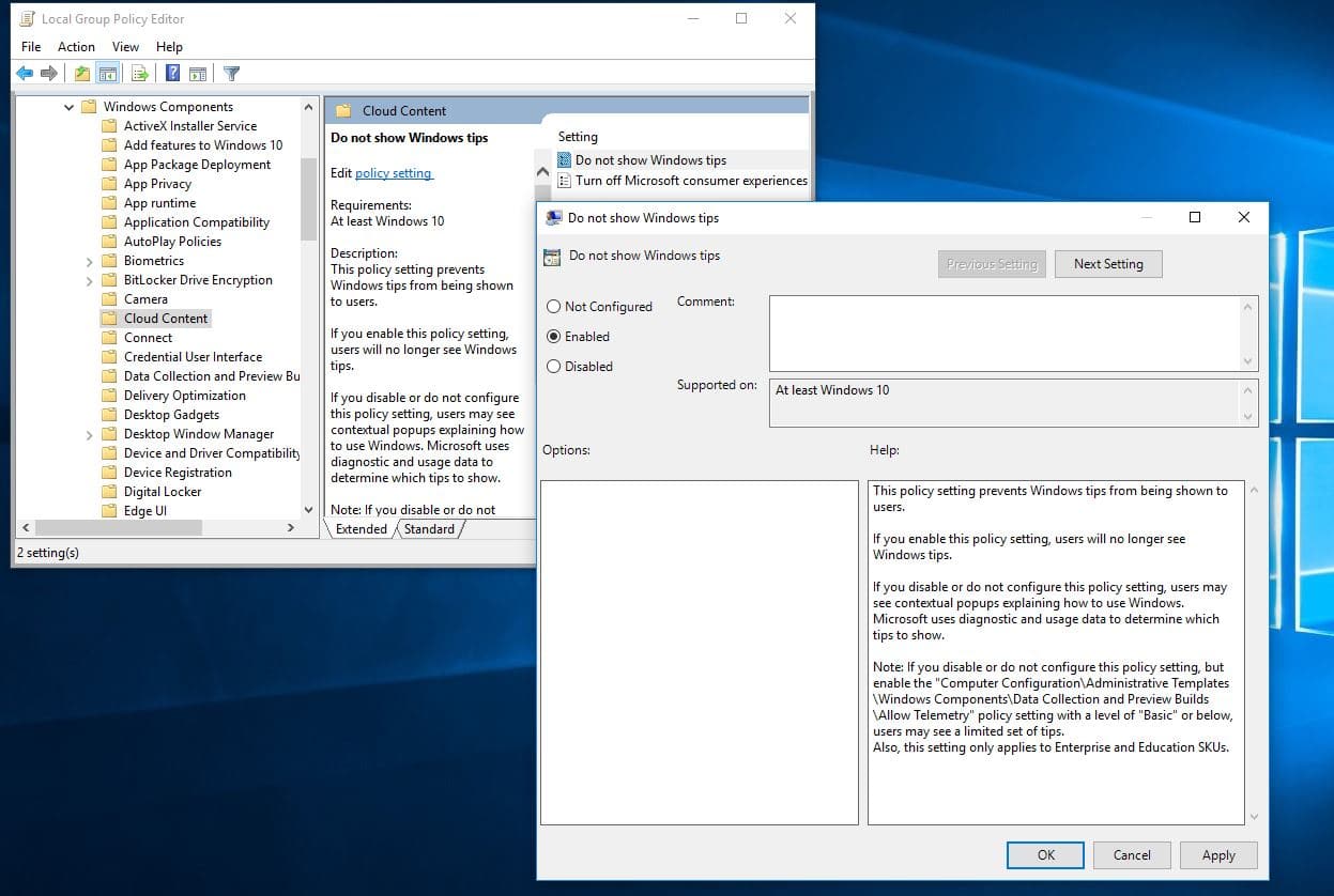 Disable Windows suggestion popup using group policy