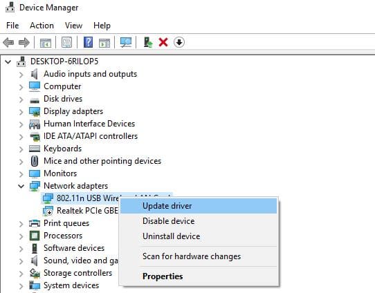 update network Adapter driver