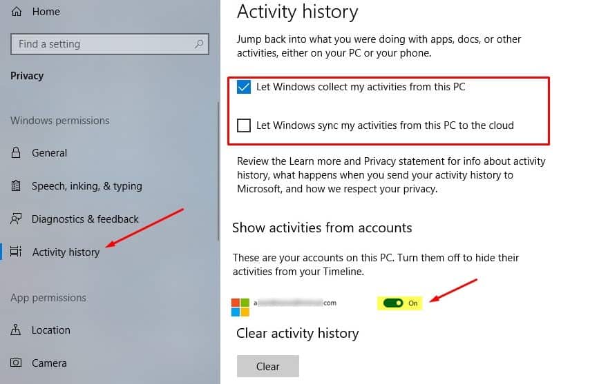 Turn on Windows 10 Timeline Feature