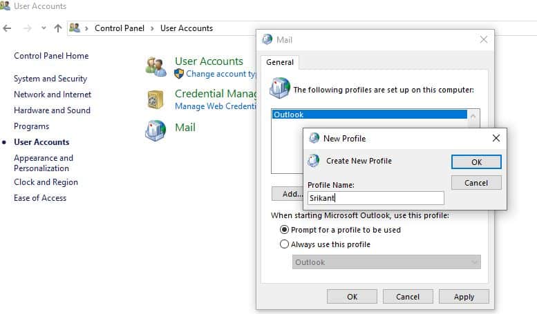 Create a new Outlook user profile