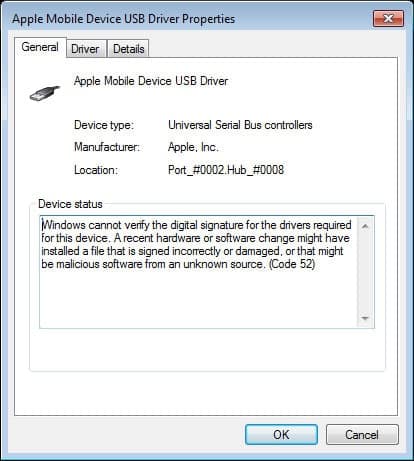 Windows Cannot Verify the Digital Signature code 52 driver
