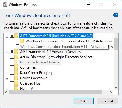 Enable network 3.5 form programs and features