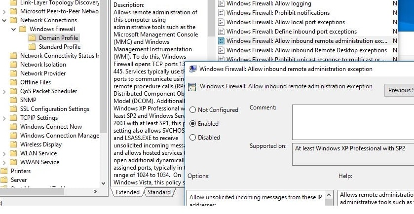 Allow RDP on group policy editor (firewall)