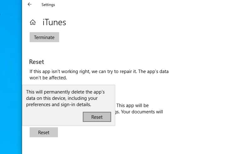 Reset iTunes app Windows 10