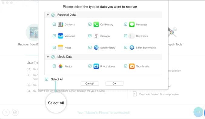 Select type of data to recover
