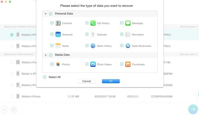 select type of data to restore