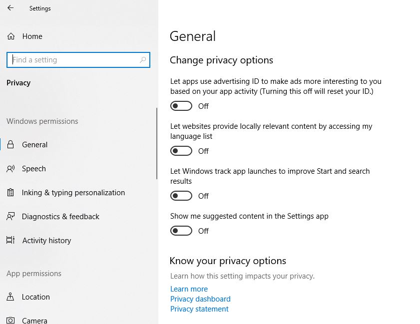Windows 10 privacy options