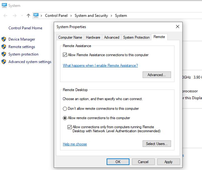 Enable Remote Desktop in Windows Settings