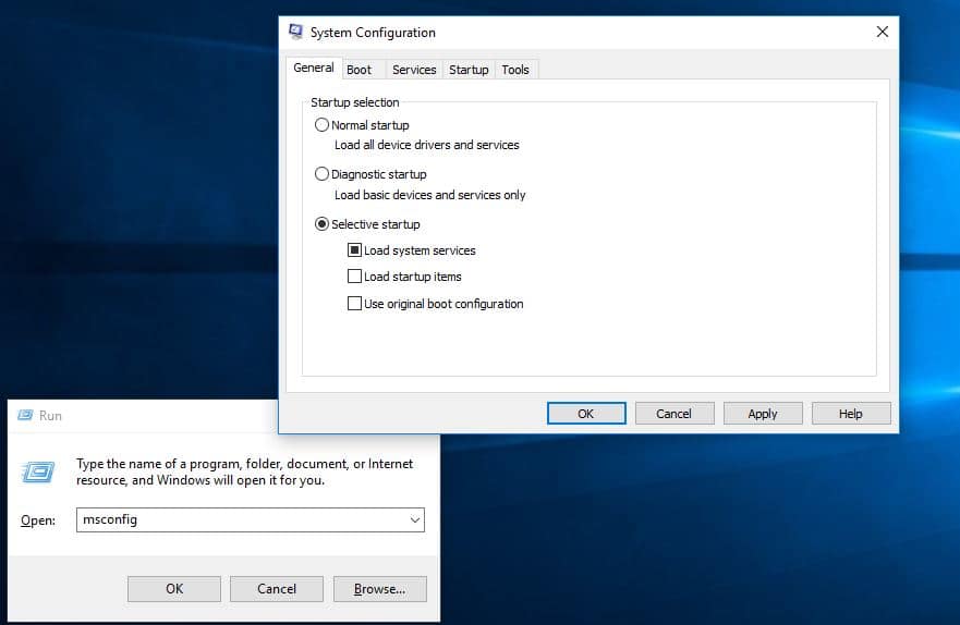 open System configuration window