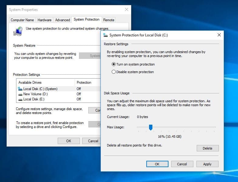 enable system restore on windows 10