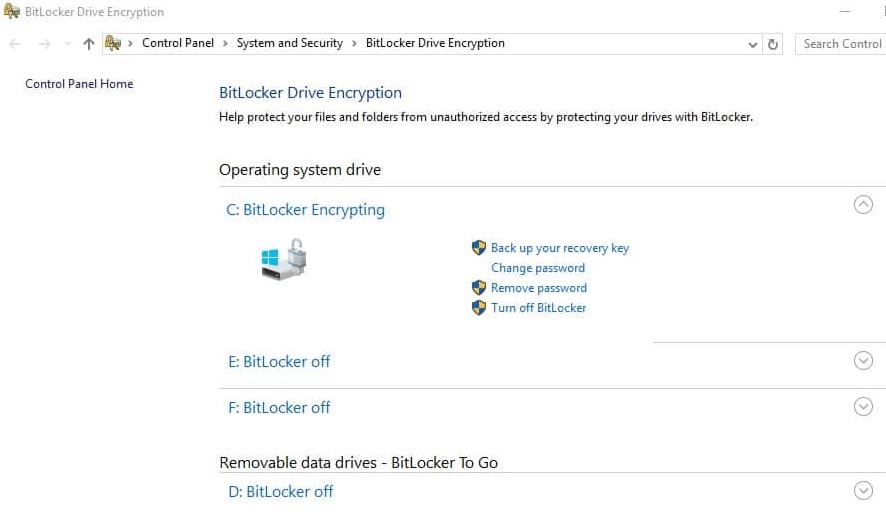 turn off BitLocker in Windows 10