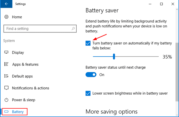 Enable battery saver Windows 10