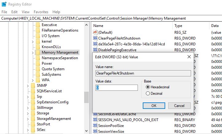 Clear the Pagefile in Windows Registry