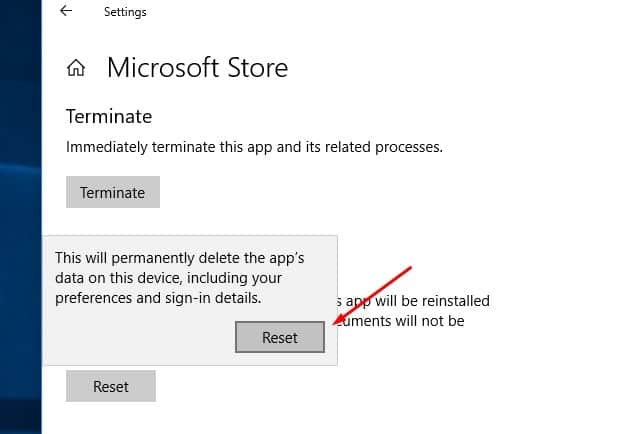 Reset Microsoft Store windows 10