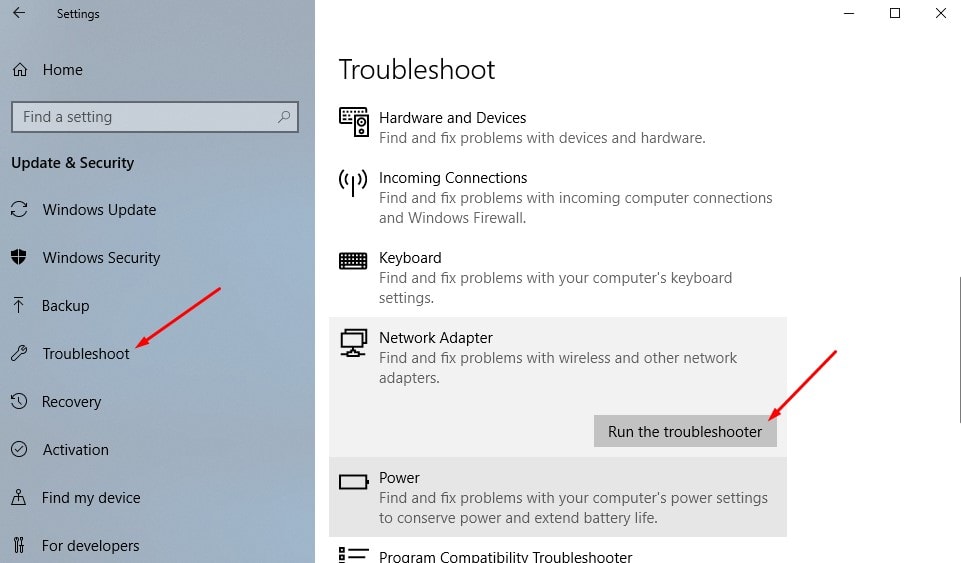 Run network adapter troubleshooter