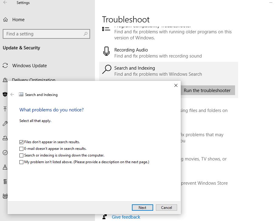 Windows search troubleshooter