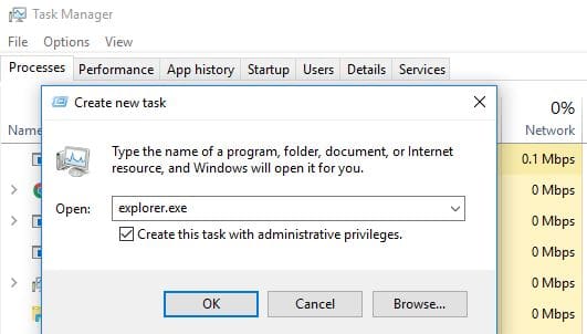 Start File explorer form Task manager