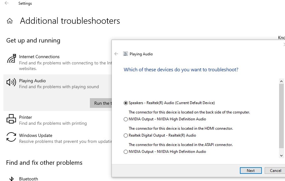 playing audio troubleshooter