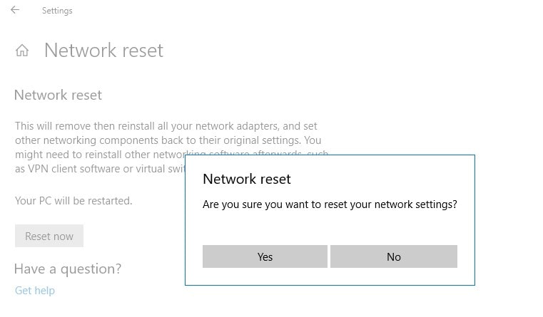 Confirm Reset Network Settings
