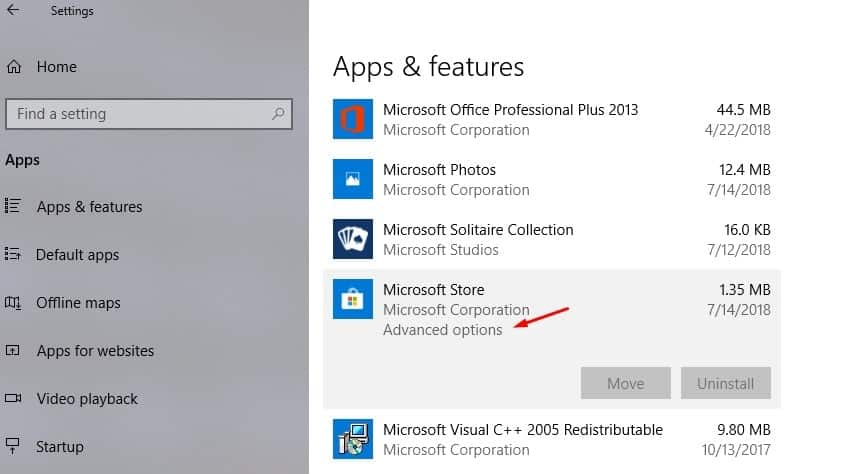 Microsoft store advanced options