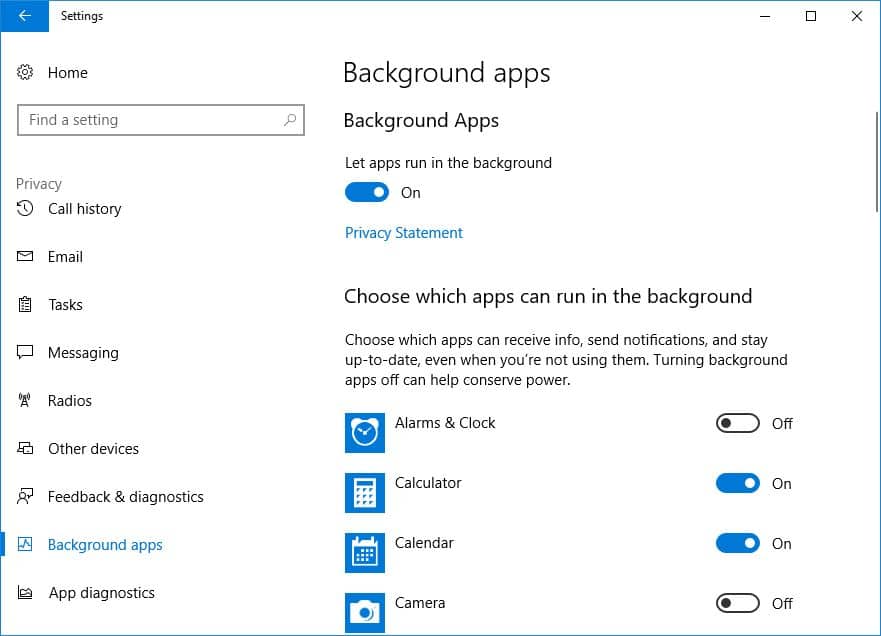 Disable Background apps