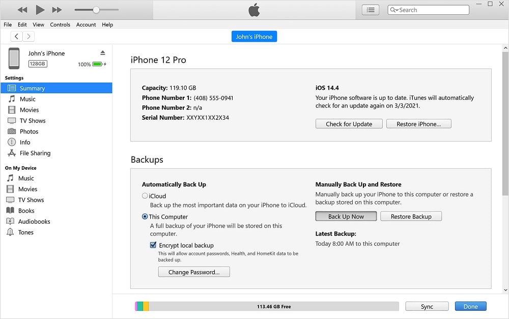 backup an iPhone using iTunes