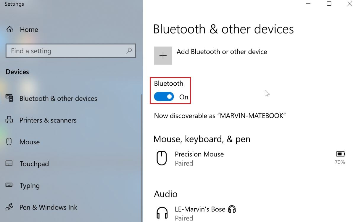 Enable Bluetooth Windows 10