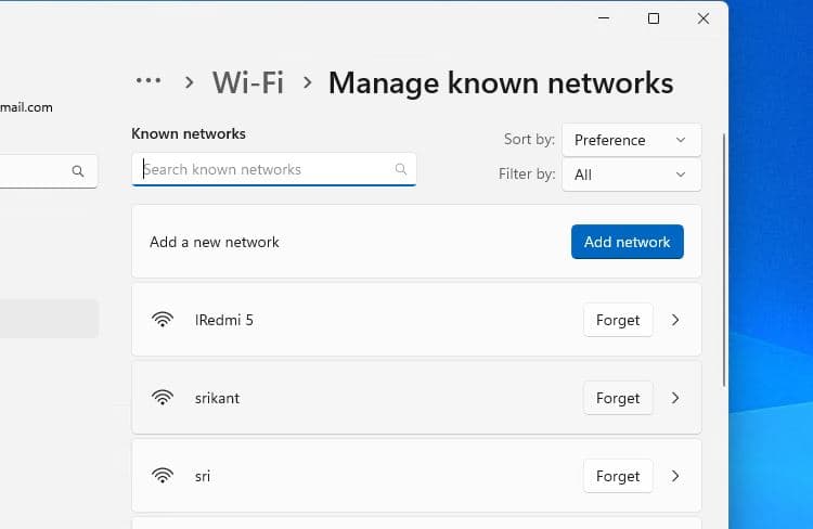 Forget wifi network on settings