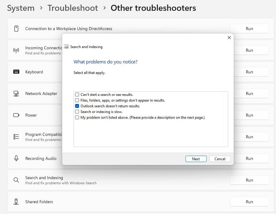 Search and index troubleshooter
