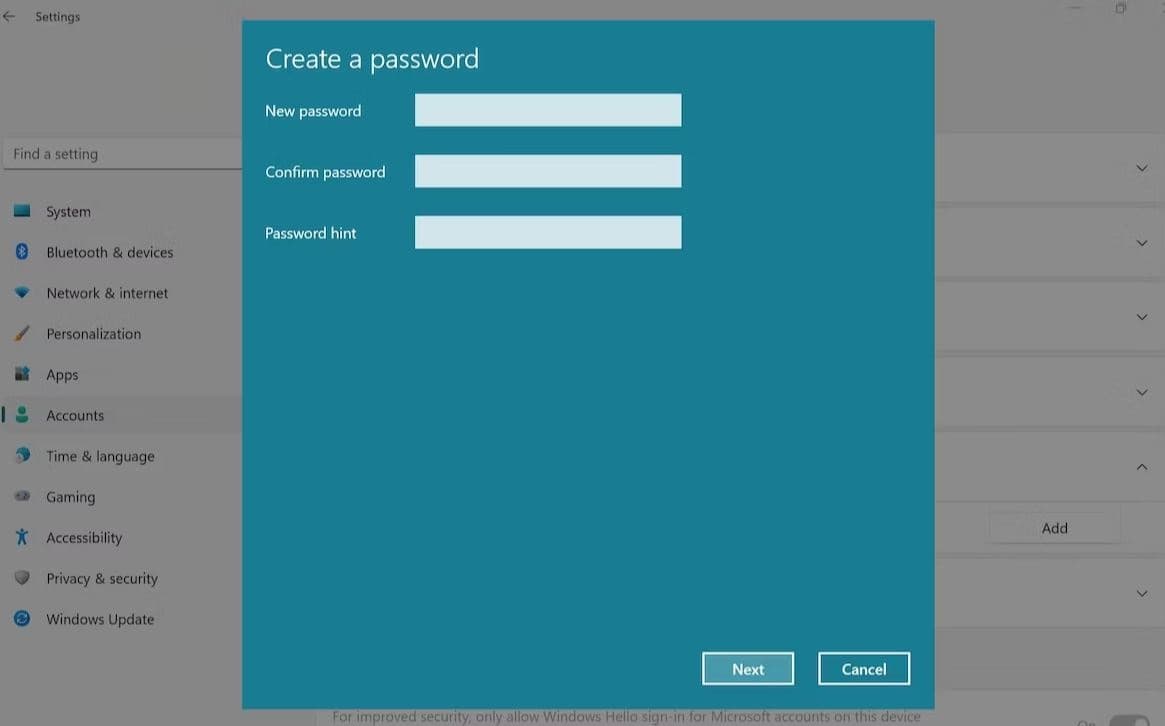 Create password for windows 11
