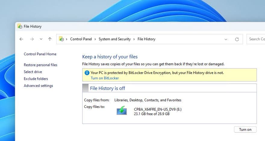Turn on File history