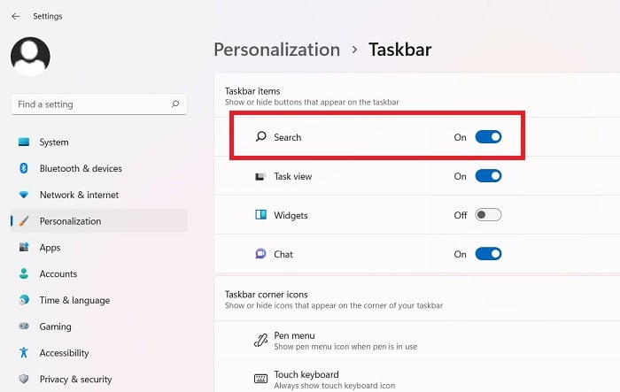 Enable taskbar search windows 11