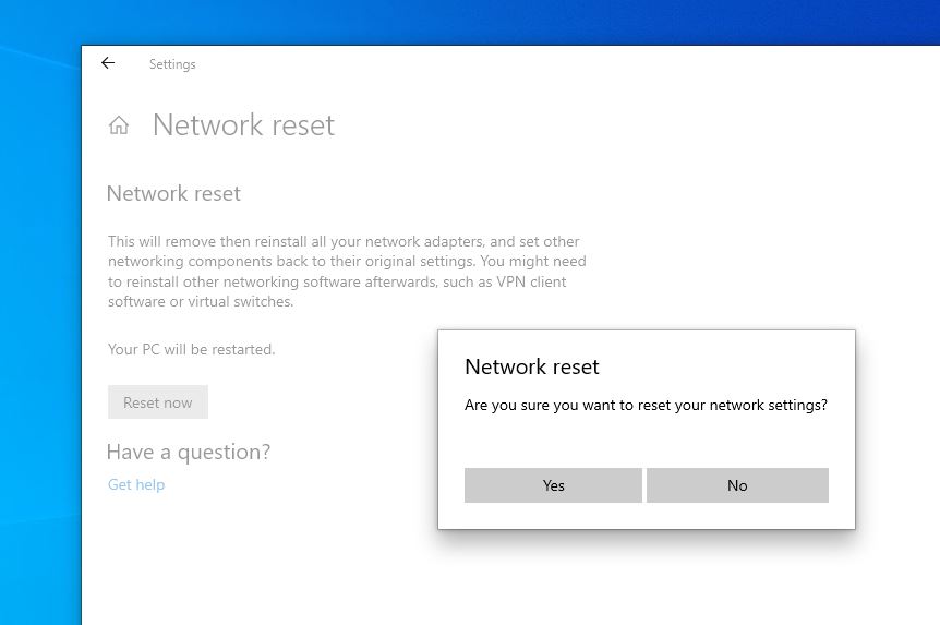 Network reset on windows 10